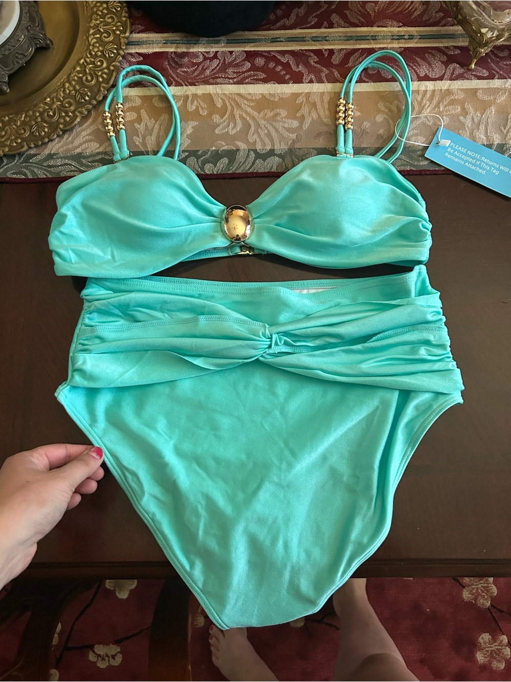 Aqua High-Waist Bikini Set with Gold Accent